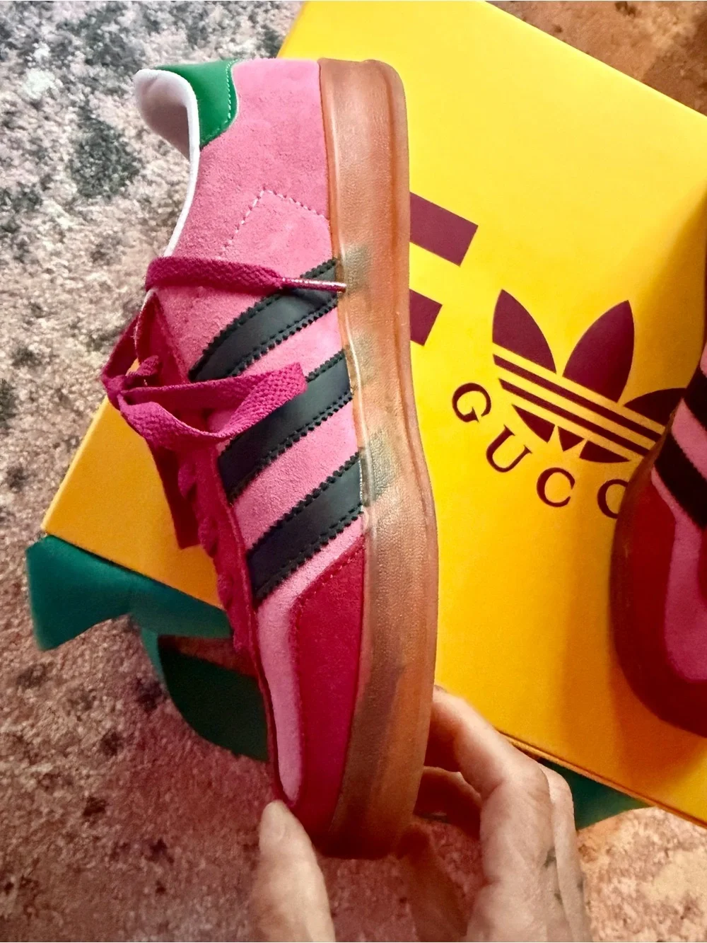 Gucci Pink Suede Sneakers with Green Logo Heel